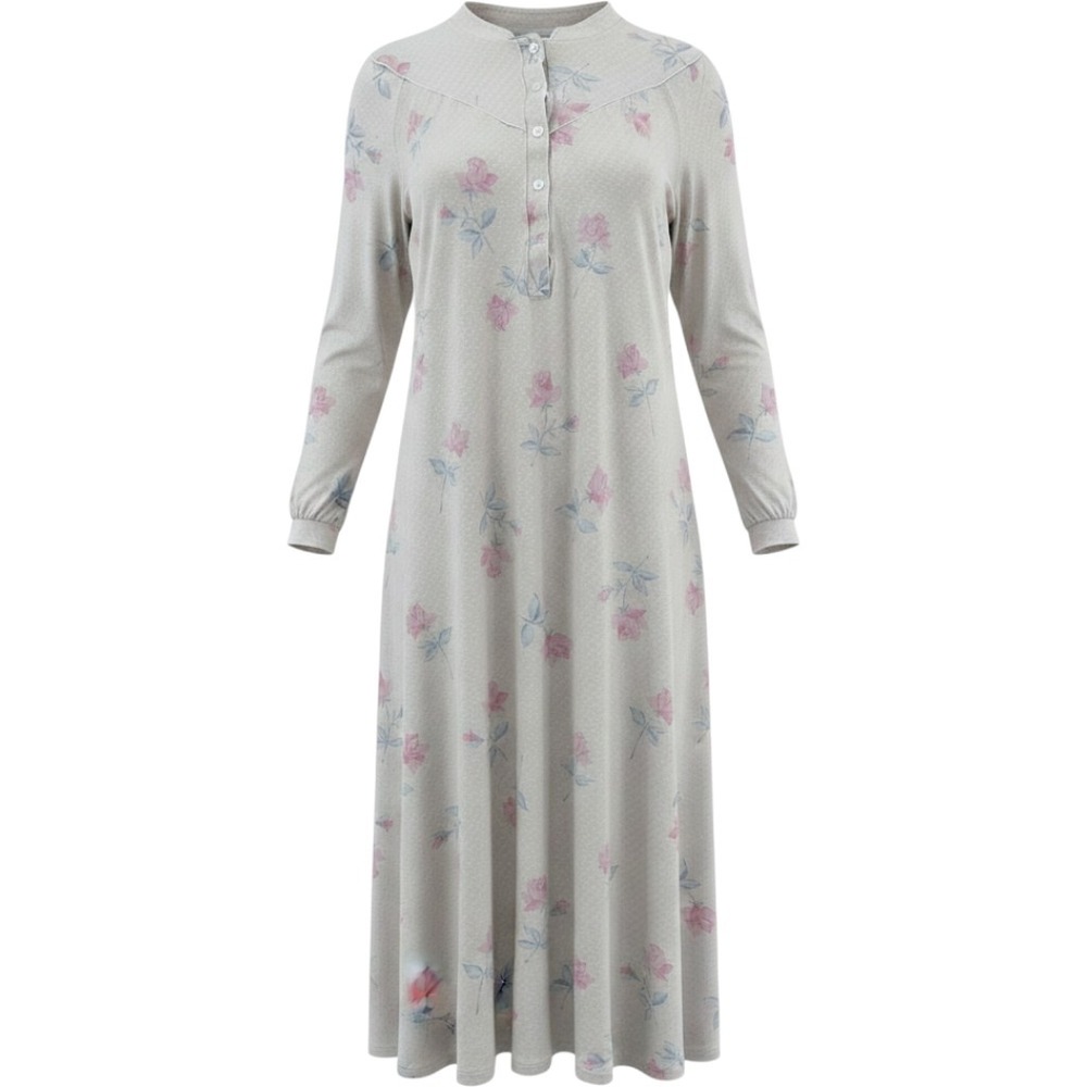 Calida Nightgown Womens M Cream Pink Floral Cotton Henley Sleep Dress Vintage